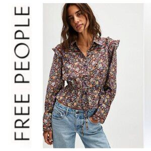 Free People Printed Daybreak Blouse Floral Ruffle Boho Size XL
